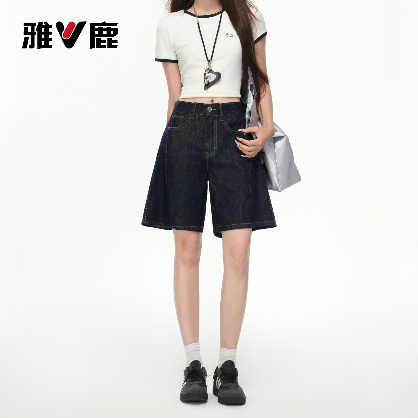 雅鹿深蓝丹宁色五分牛仔短裤女2026新款夏季高腰小个子阔腿热裤Y