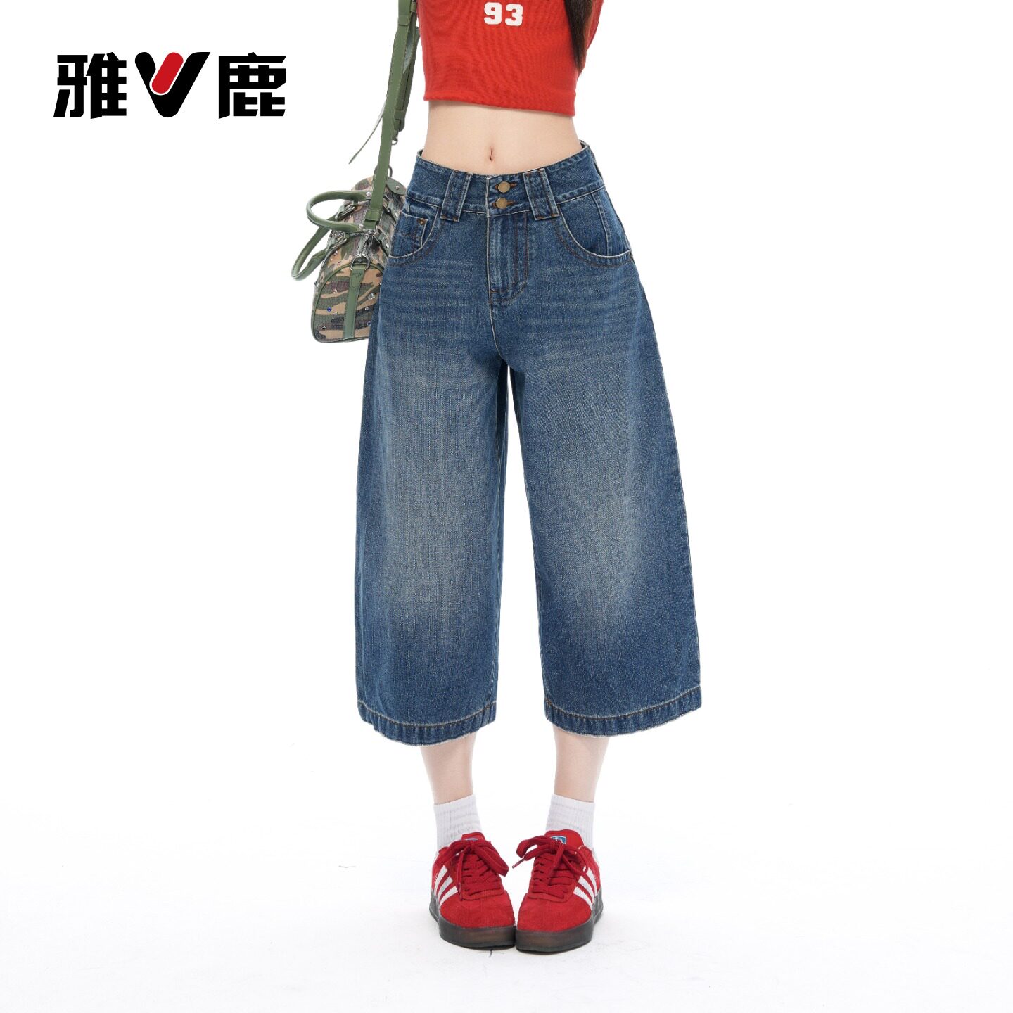 雅鹿复古阔腿七分牛仔裤女2026新款夏季小个子高腰宽松显瘦短裤Y