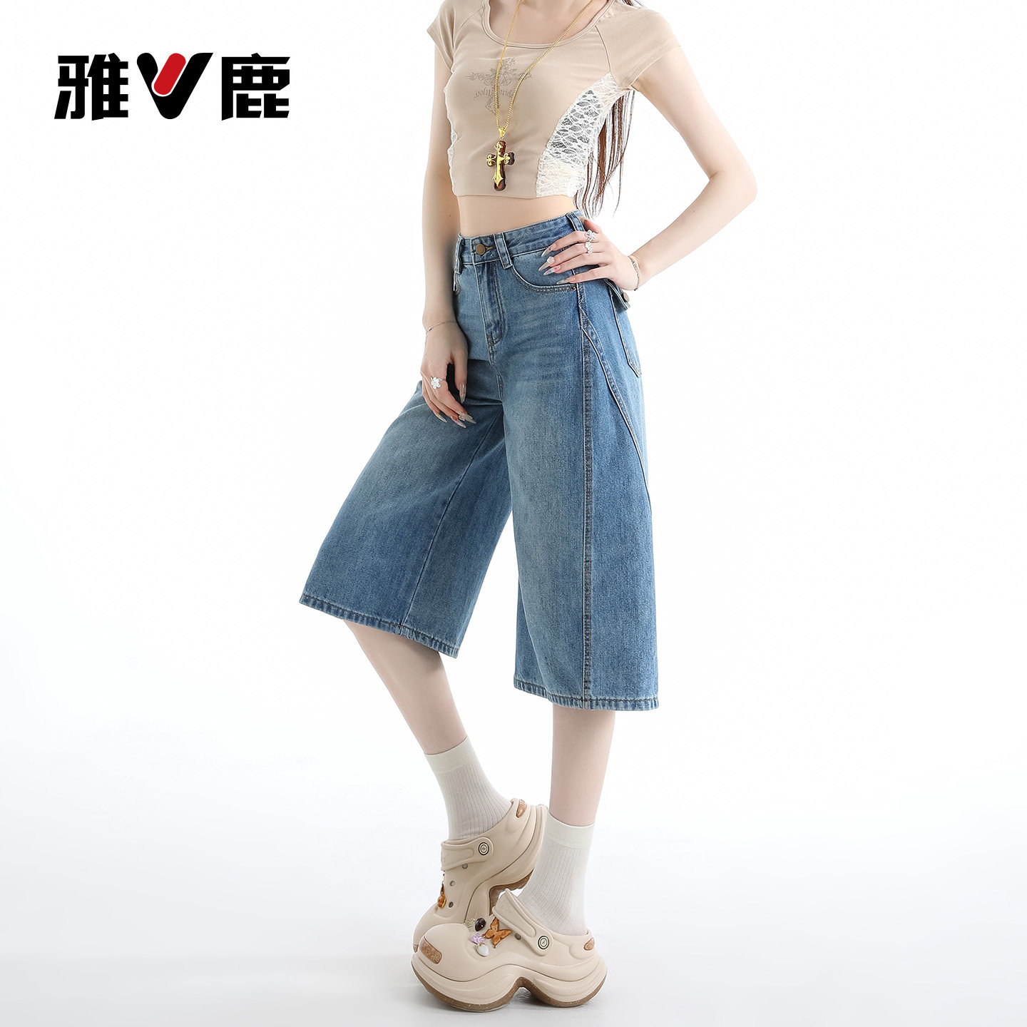 雅鹿美式复古七分牛仔裤女2026新款夏季高腰显瘦弯刀阔腿中裤子Y