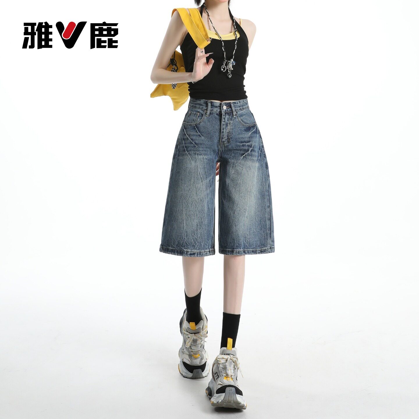 雅鹿美式复古七分牛仔裤女2026新款夏季小个子高腰直筒阔腿中裤Y