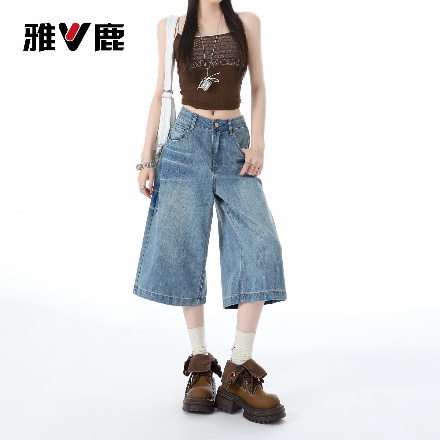 雅鹿复古直筒七分牛仔裤女2026新款夏季小个子高腰a字阔腿中裤Y