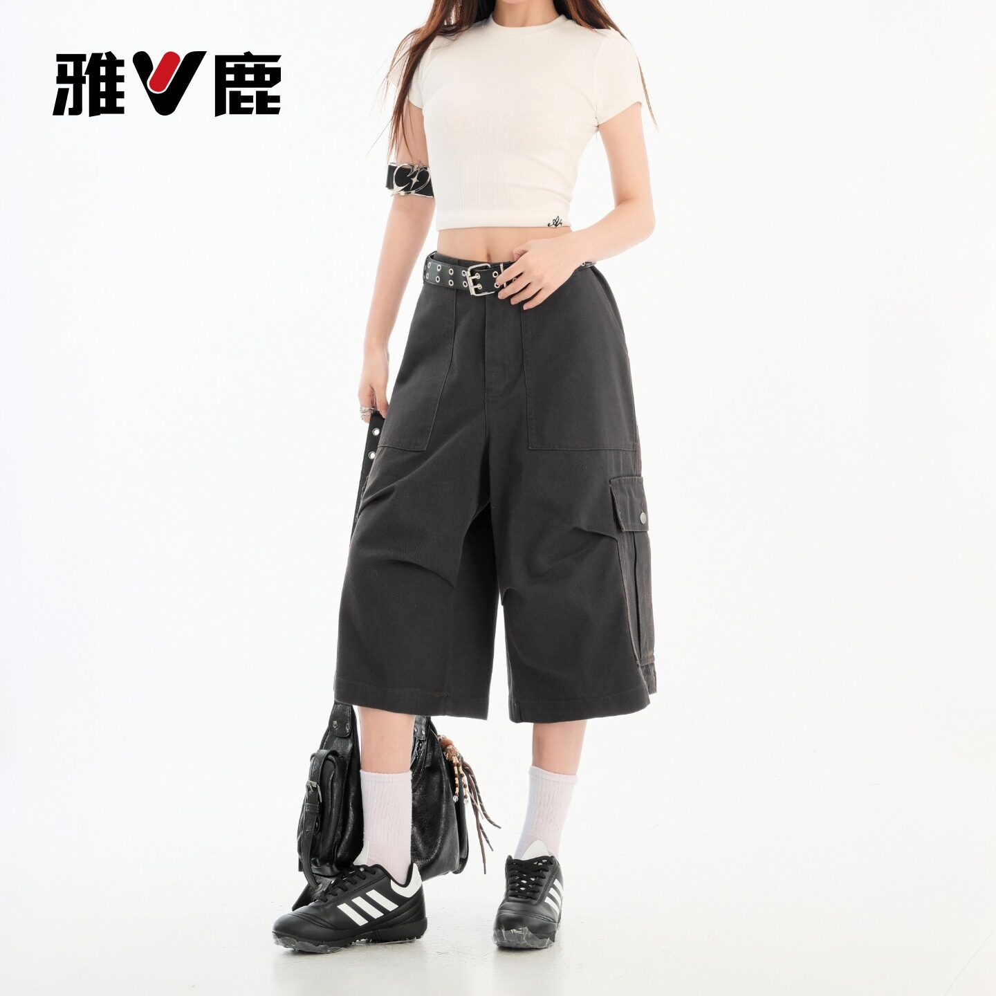 雅鹿美式复古工装中裤女夏季高级感多口袋皱褶七分裤YM