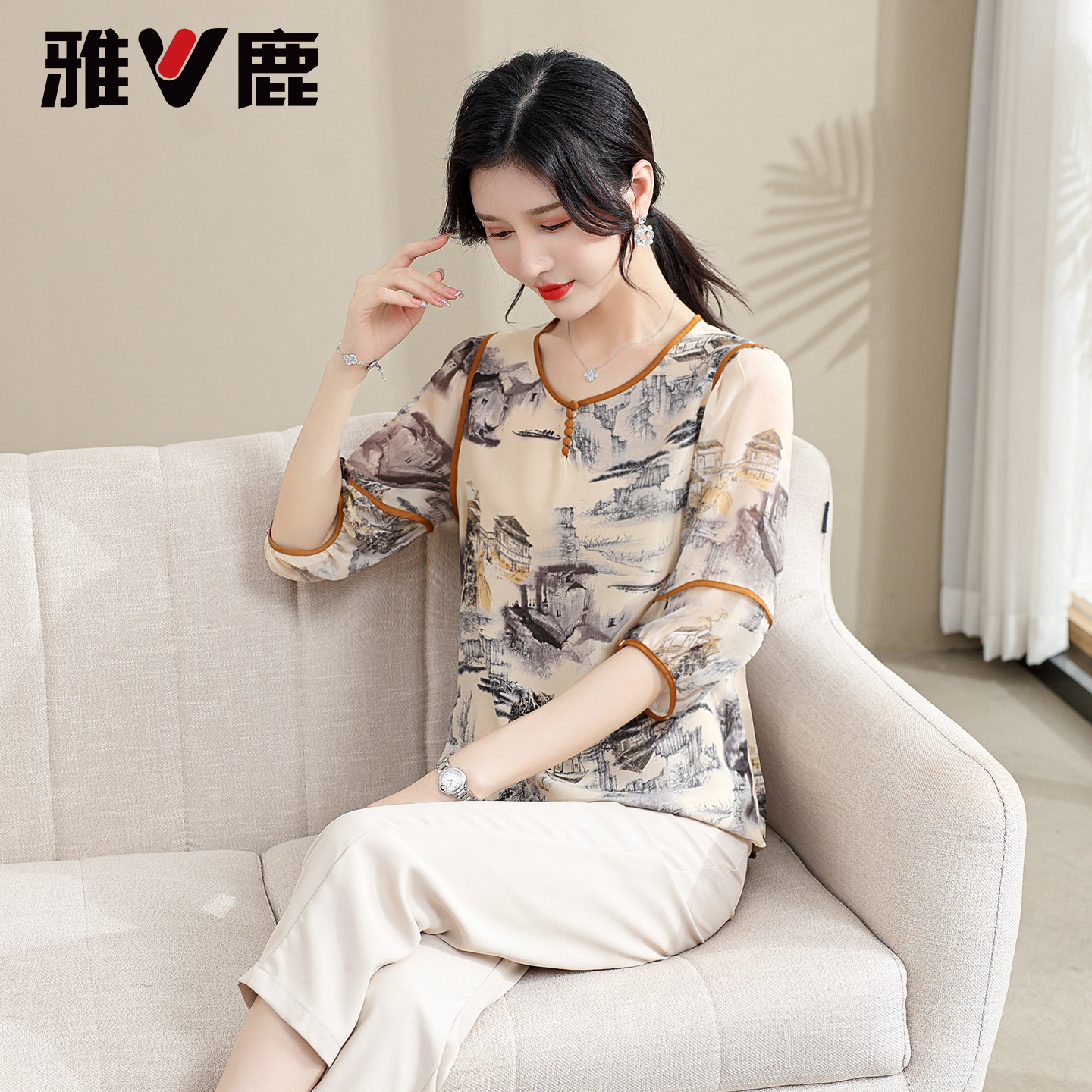雅鹿中老年妈妈装衬衫