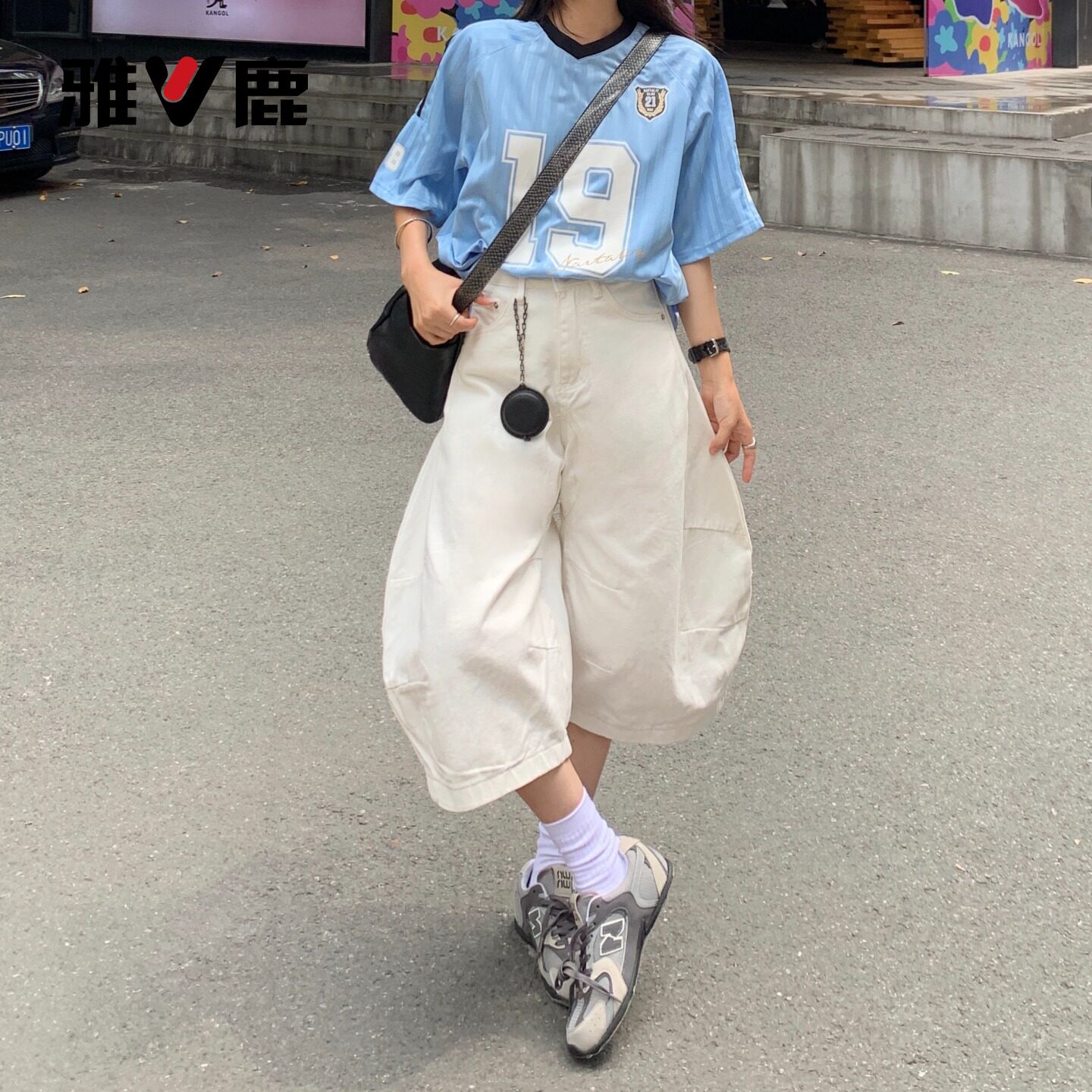 雅鹿白色弯刀七分牛仔裤女2026新款夏季高腰宽松显瘦阔腿中裤子Y