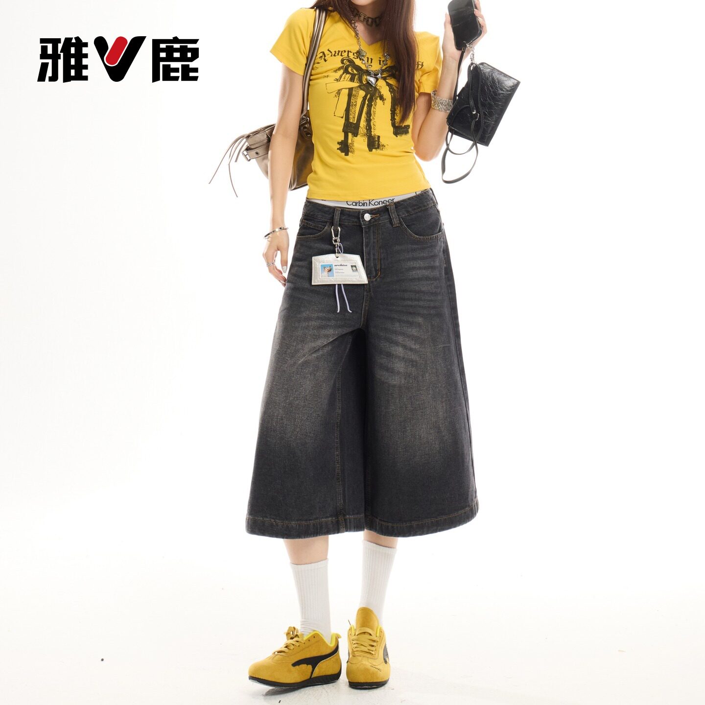 雅鹿美式七分阔腿牛仔裤女2026新款夏季小个子高腰宽松直筒中裤Y