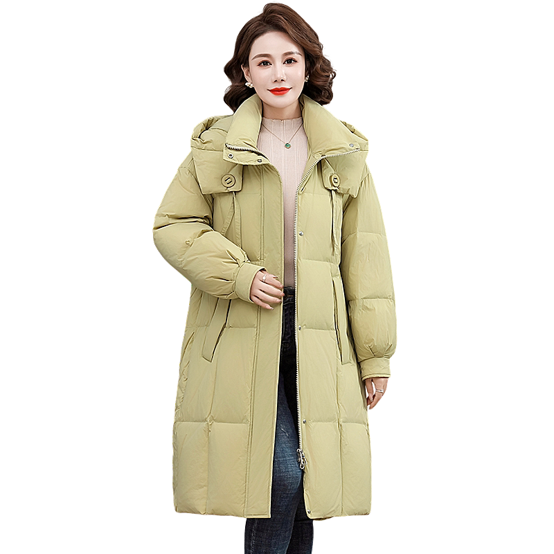 雅鹿中淑连帽中长款羽绒服女