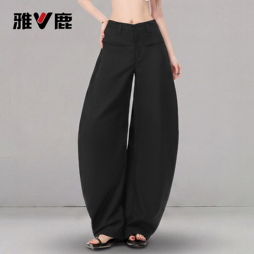 雅鹿黑色休闲裤女2026新款中低腰小个子弯刀阔腿西装裤YM