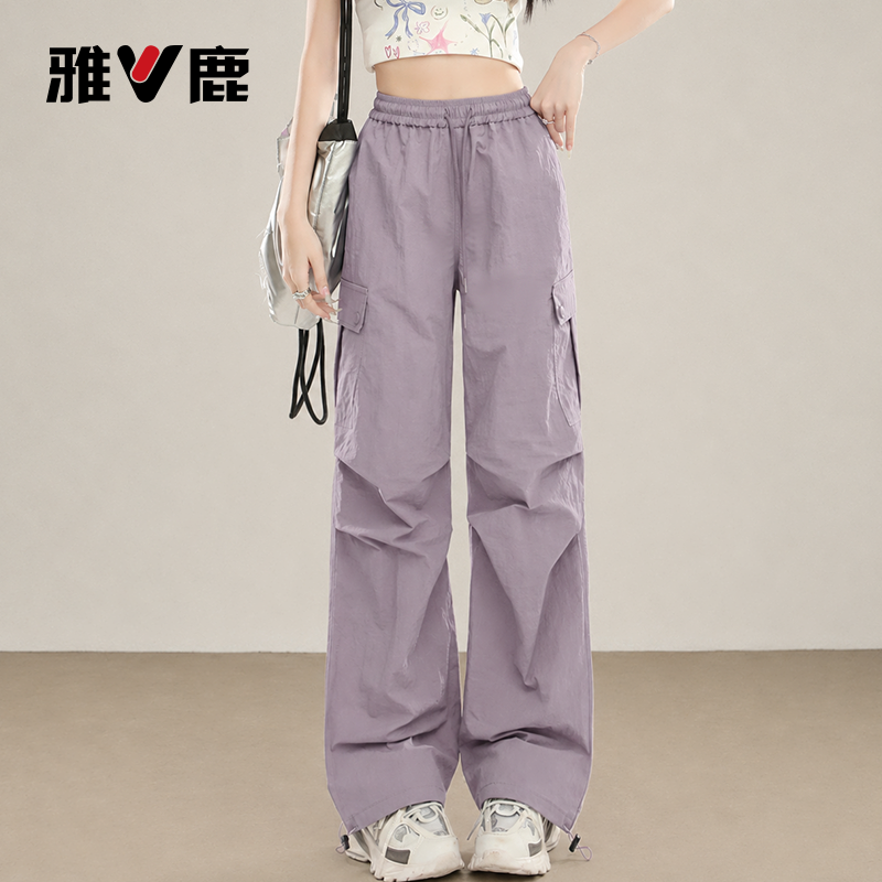 雅鹿紫色休闲裤女2026新款夏季薄款小个子速干直筒运动工装裤子Y