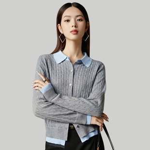千寻宜2026春季miu系格雷灰翻领麻花毛衣假两件撞色针织开衫上衣