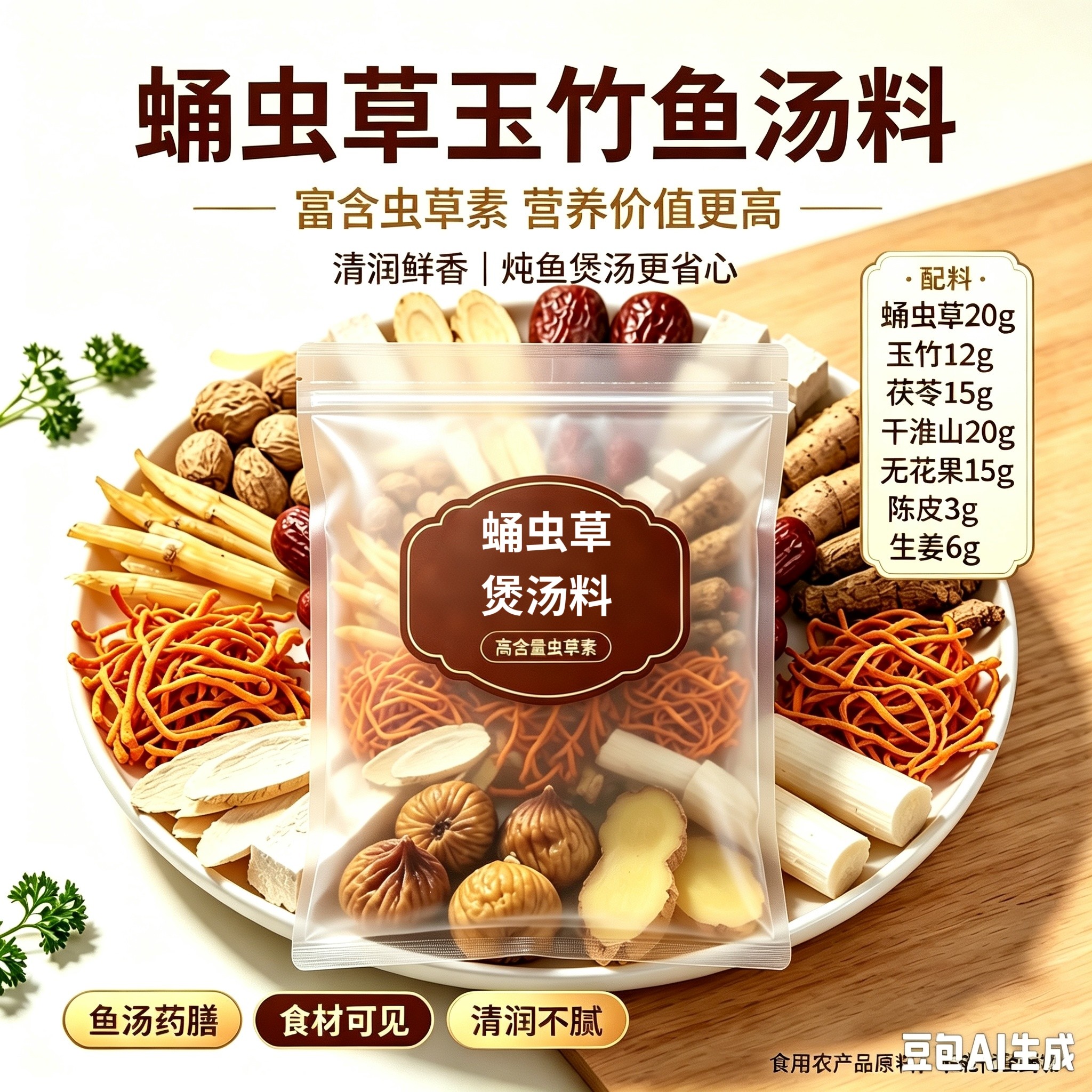 高含虫草素蛹虫草玉竹茯苓竹鱼汤料91克
