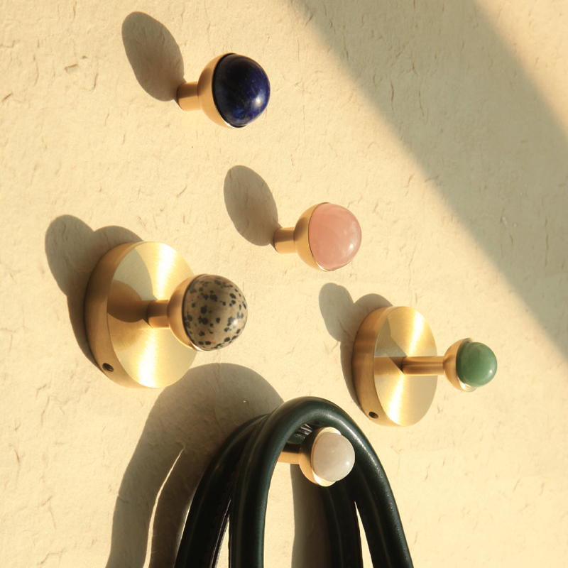 奥爱斯轻奢天然石水晶黄铜挂钩免打孔免钉门后玄关装饰衣钩毛巾钩