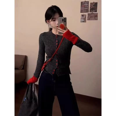 韩系撞色毛衣开衫女春秋