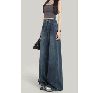 复古褶皱阔腿牛仔裤女2025秋季新款胖mm高腰宽松显瘦垂感直筒裤子