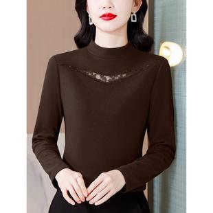 JOYIASS秋冬长袖蕾丝镂空镶钻打底衫女半高领套头时尚百搭T恤上衣