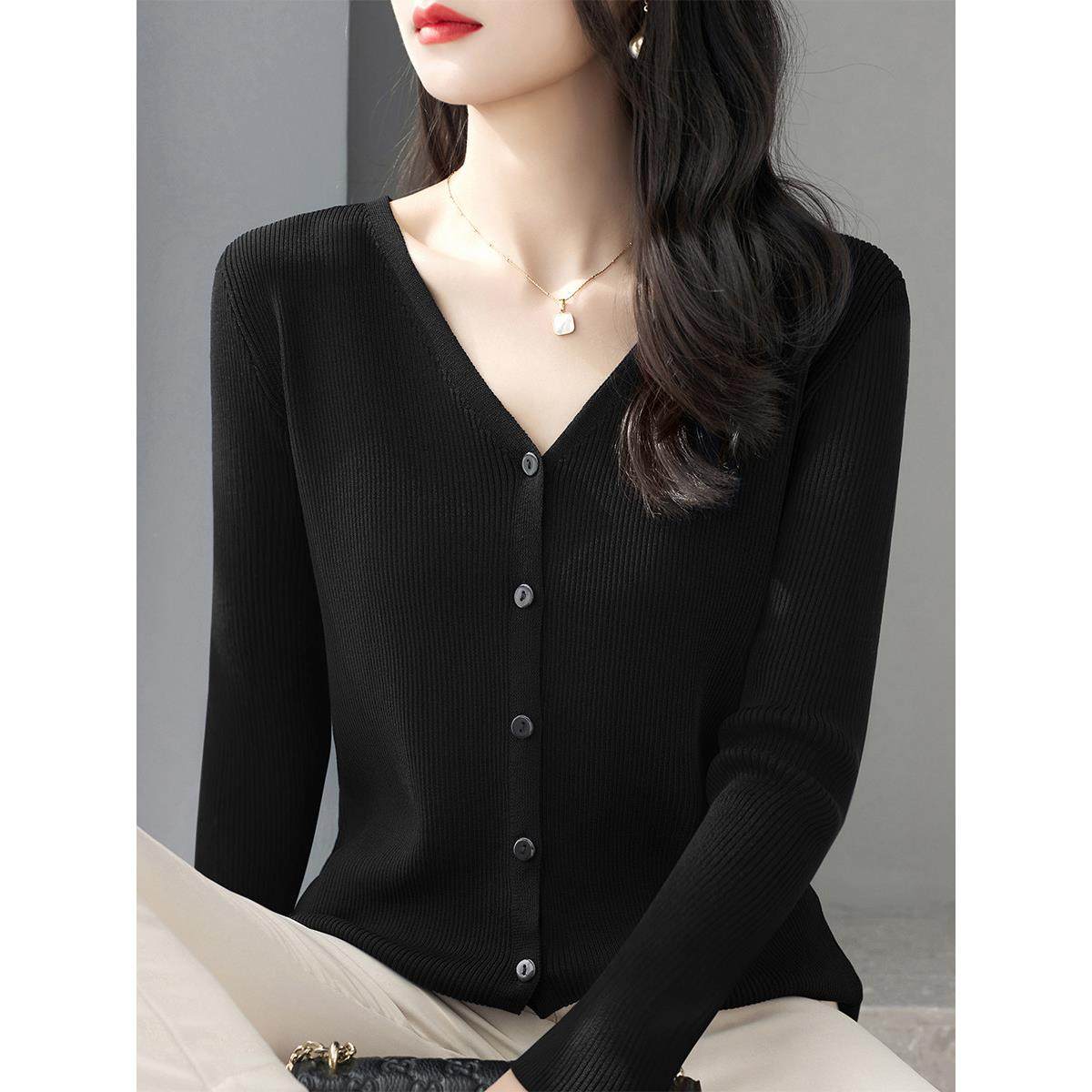 JOYIASS酒红色修身显瘦长袖针织开衫2025秋季新款气质百搭V领上衣