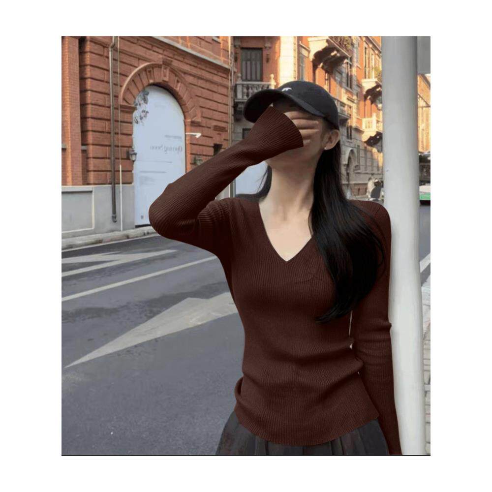JOYIASS酒红色穿搭V领长袖针织打底衫女秋内搭修身百搭毛衣高级感