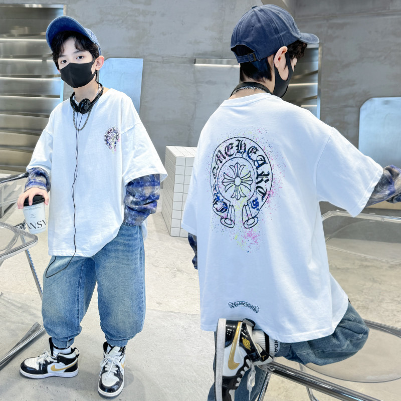春秋季男童时尚印花假两件卫衣2026春季新款男孩韩版宽松休闲上衣