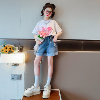 女童夏装时尚印花短袖套装2024夏季儿童韩版牛仔短裤休闲两件套潮