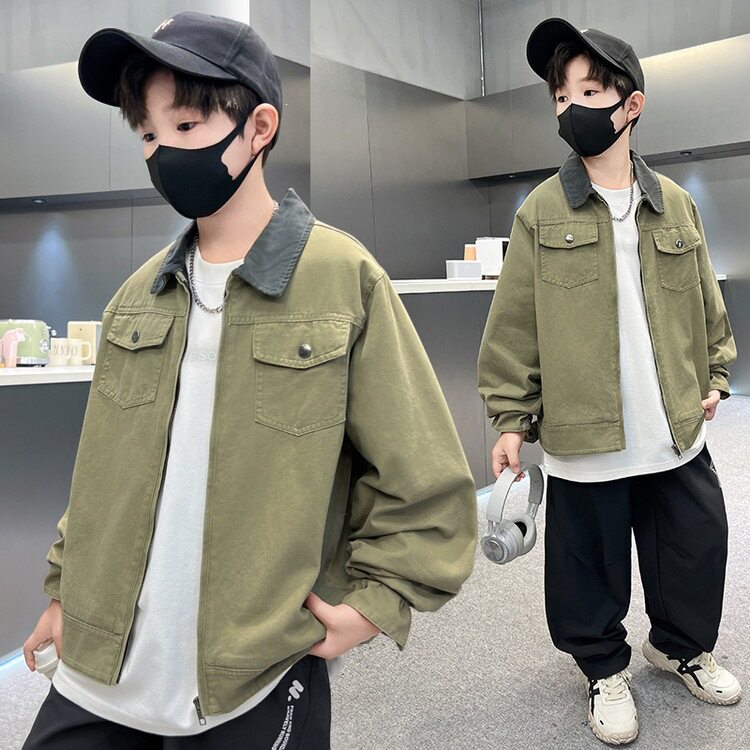 男童工装外套春秋款2026新款儿童秋装中大童军绿色翻领夹克衫上衣