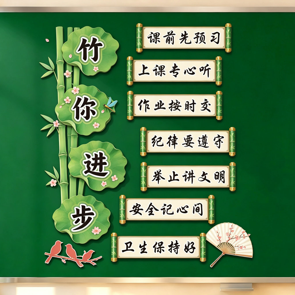 竹你进步国风墙贴 中小学班级班规荷叶竹子卷轴教室文化自粘贴纸