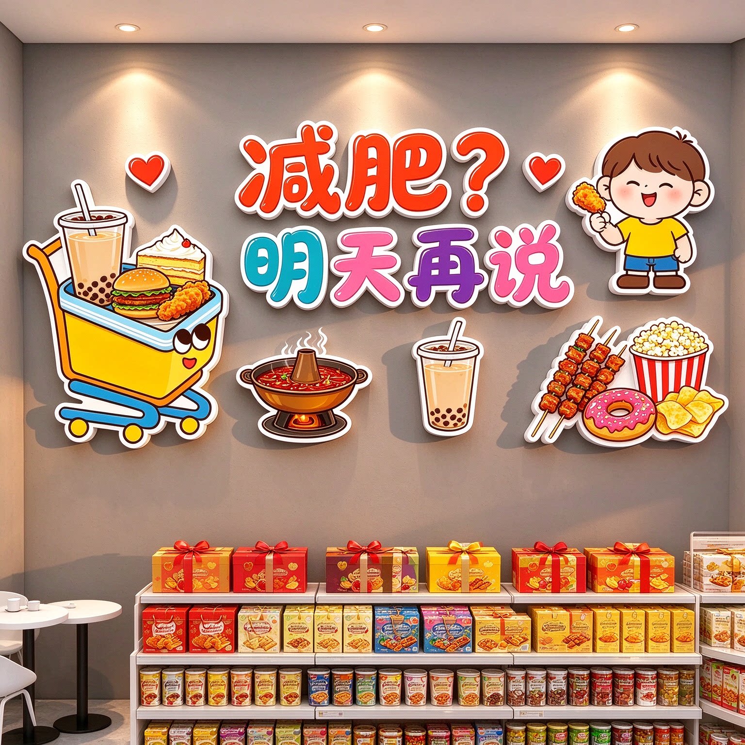 减肥明天再说墙贴 零食奶茶小吃店网红打卡卡通美食立体装饰贴
