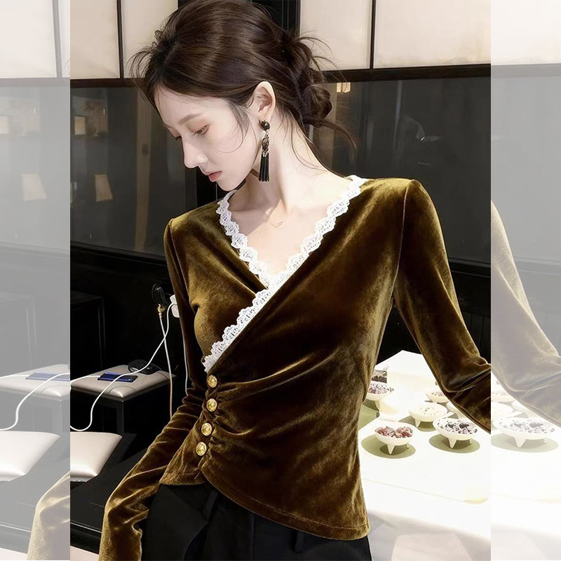 ROUMIKL复古深咖色蕾丝拼接V领丝绒衬衫女秋季新款设计感不规则收