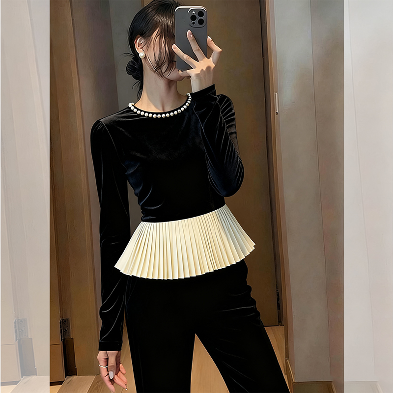 ROUMIKL精致风黑色钉珠圆领丝绒衬衫长袖女新款秋季今年流行爆款