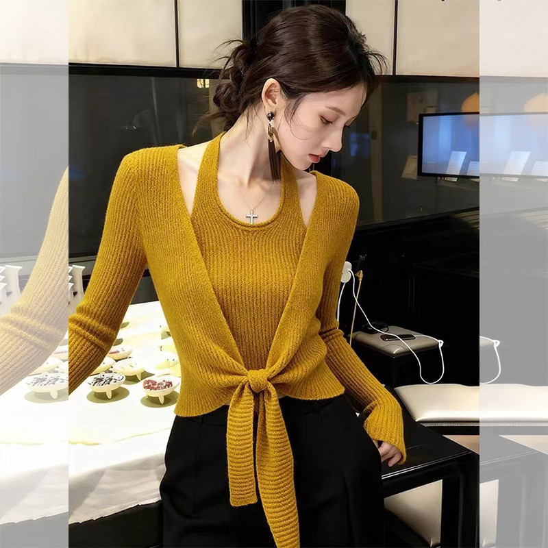 JOYIASS熟女风姜黄色针织吊带背心两件套女2025秋季新款时尚洋气