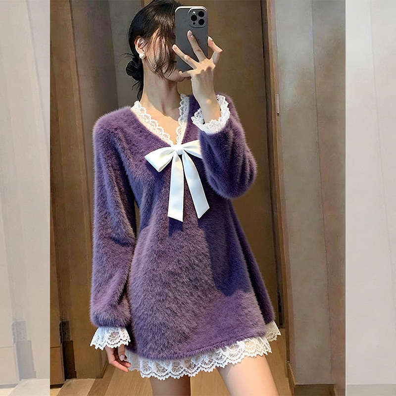 ROUMIKL紫色V领蕾丝拼接蝴蝶结毛衣女款秋冬新款奶呼呼宽松中长款