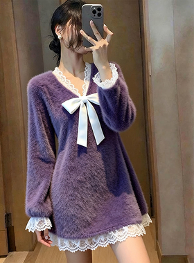 ROUMIKL紫色V领蕾丝拼接蝴蝶结毛衣女款秋冬新款奶呼呼宽松中长款