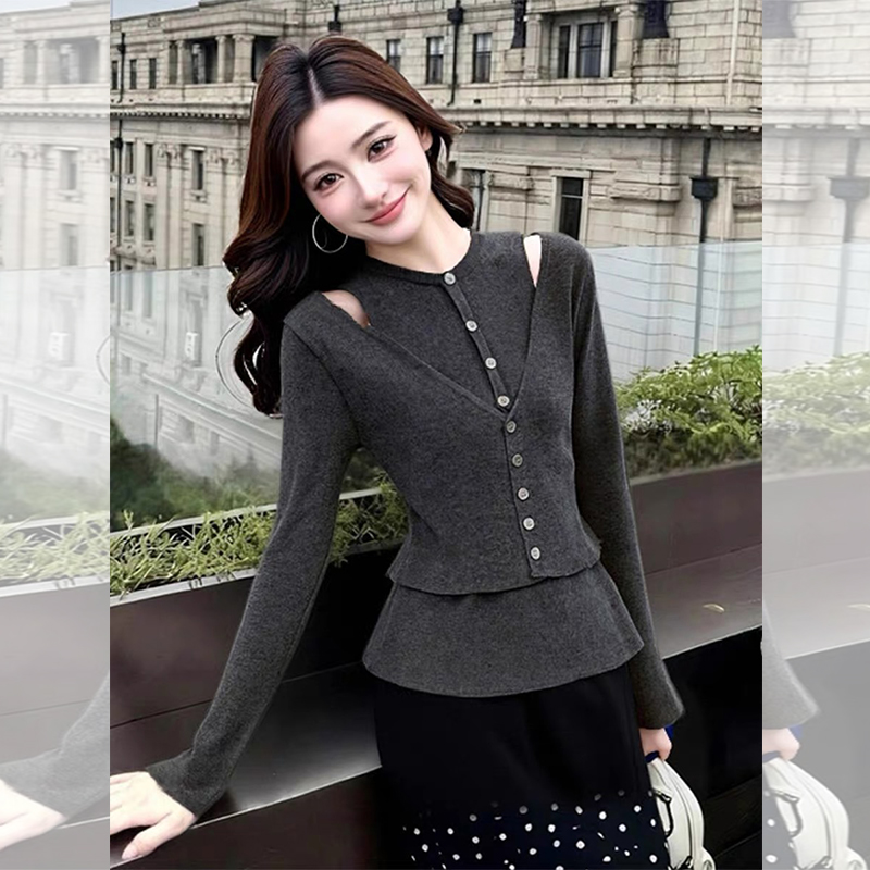 JOYIASS深灰色假两件露肩单排扣针织衫长袖女早秋季新款设计感单