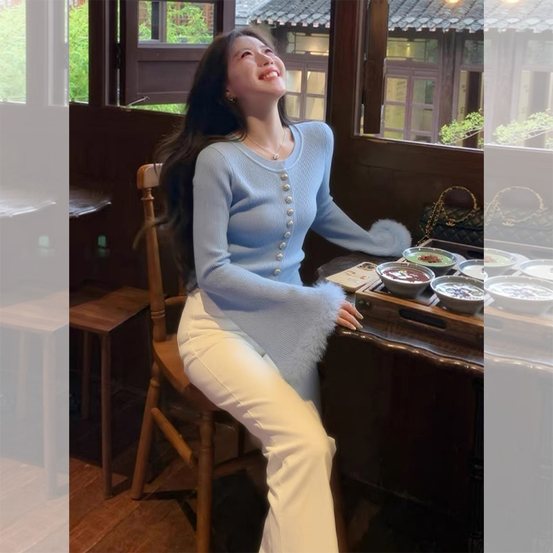 ROUMIKL高级感蓝色毛边喇叭袖针织衫女秋季新款时尚洋气时髦气质