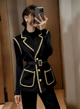 ROUMIKL黑色羊羔毛金边装饰无袖马甲女秋冬新款高端时髦洋气叠穿