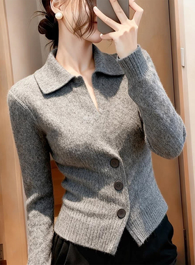 ROUMIKL简约风灰色翻领三粒扣针织衫长袖女秋季新款松弛感百搭单