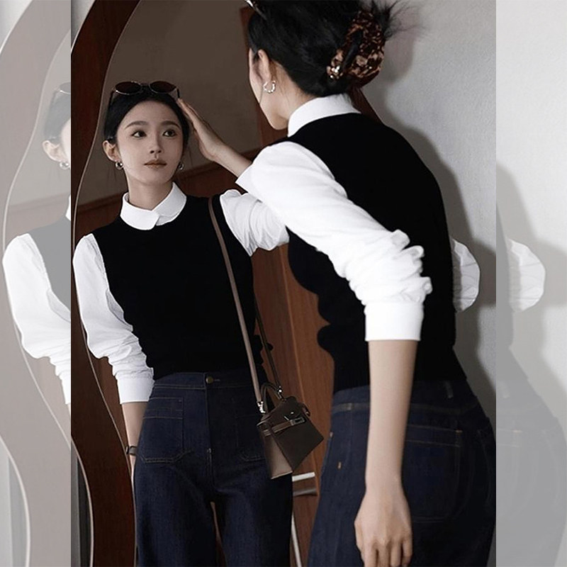 JOYIASS法式气质黑色假两件针织衫女秋季2025年新款小众不撞款超