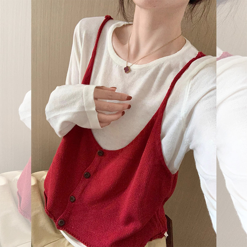 JOYIASS红色吊带针织背心圆领长袖叠穿两件套新款早秋季今年流行