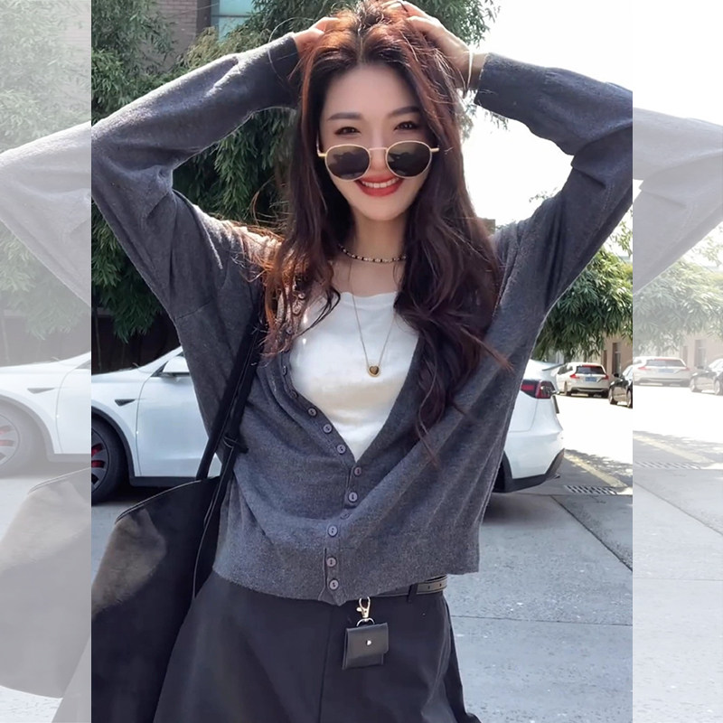 ROUMIKL高级感深灰色假两件针织开衫女早秋新款独特别致单排扣毛