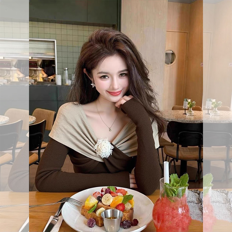 ROUMIKL设计感扭结棕色长袖打底衫女秋季2025新款时髦洋气修身显