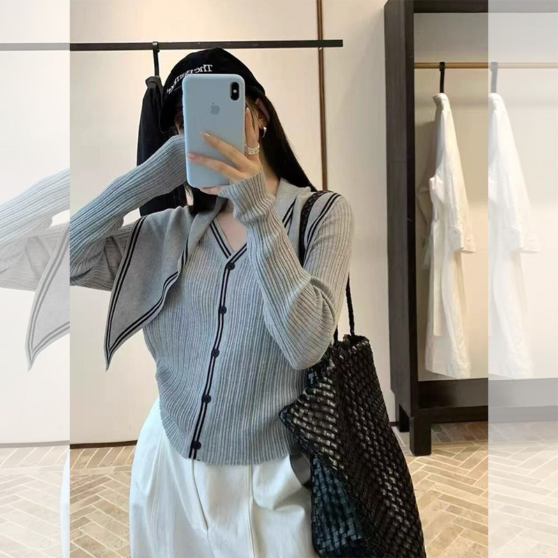 ROUMIKL韩系chic撞色带披肩针织开衫两件套女新款秋季超好看短款