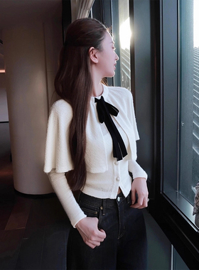 ROUMIKL温柔风白色蝴蝶结斗篷式针织衫女秋季2025新款氛围感端庄