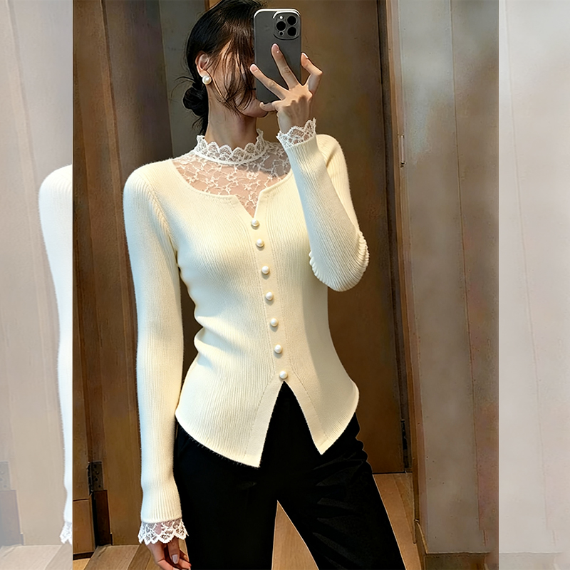 JOYIASS米白色半高领珍珠装饰针织衫女秋季新款紧身显身材套头打