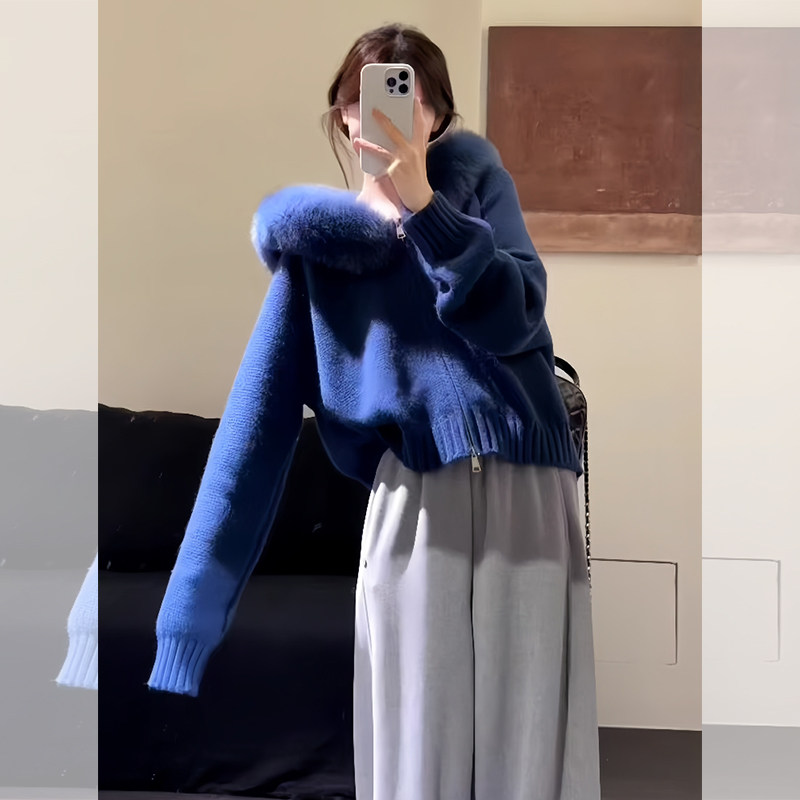 ROUMIKL巨好看蓝色毛领拉链针织开衫女款秋季2025年新款软糯百搭