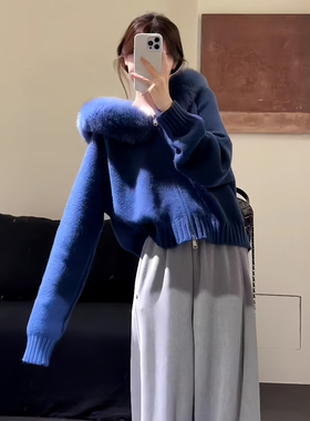 ROUMIKL巨好看蓝色毛领拉链针织开衫女款秋季2025年新款软糯百搭