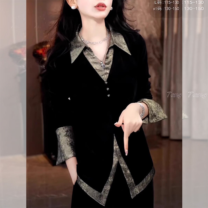 JOYIASS高级感黑色丝绒翻领衬衫长袖女款早秋季新款超好看独特别