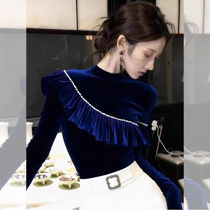 ROUMIKL小姨风蓝色荷叶边拼接丝绒衬衫长袖女秋季新款今年流行漂