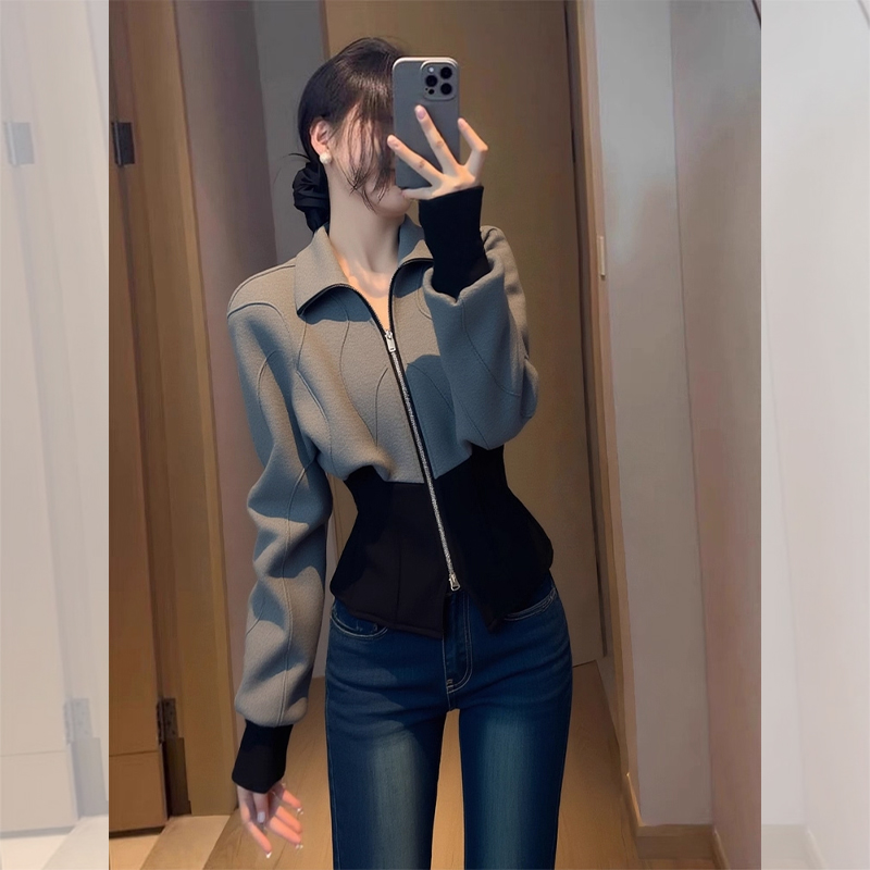 ROUMIKL韩版撞色设计感拉链卫衣女秋冬2025新款酷飒风显瘦长袖外