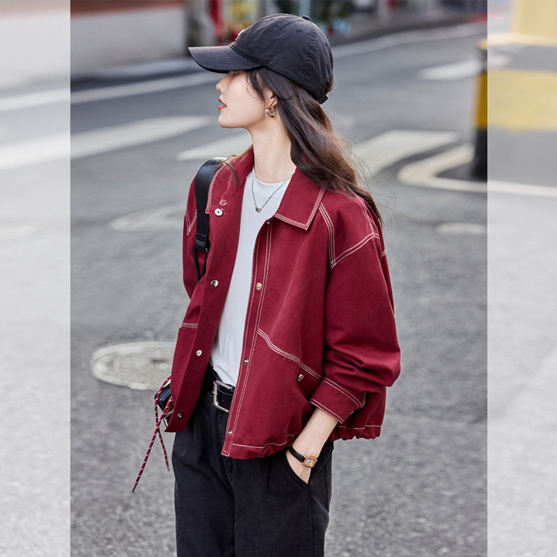 ROUMIKL韩版时尚酒红色翻领牛仔外套女秋季新款气质知性今年流行