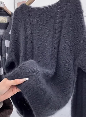 ROUMIKL慵懒风黑蓝色麻花纹毛衣女2025年秋冬新款休闲宽松通勤长