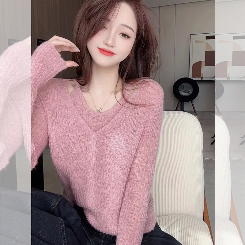 JOYIASS温柔风粉色V领假两件针织衫女早秋季新款小个子气质甜美套