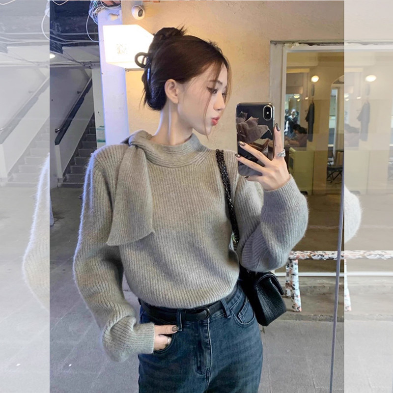 JOYIASS韩版时尚灰色半高领绑带毛衣女早秋季2025新款软糯舒适针